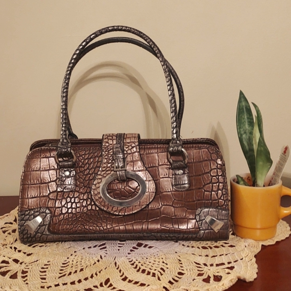 Bronze and Silver Croc Embossed Vinyl Ladies Handbag